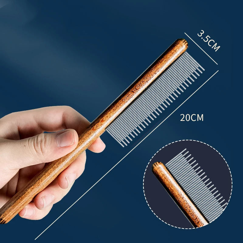 Stainless Steel Pet Grooming Comb with Wooden Handle – for Cats & Dogs