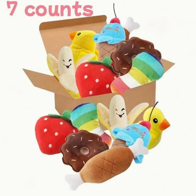 7-piece plush puppy toy set featuring chewable fruit and vegetable designs, perfect for playful pups