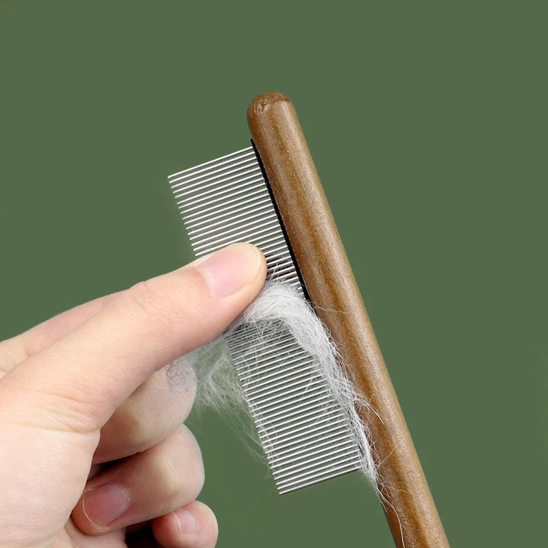 Stainless Steel Pet Grooming Comb with Wooden Handle – for Cats & Dogs