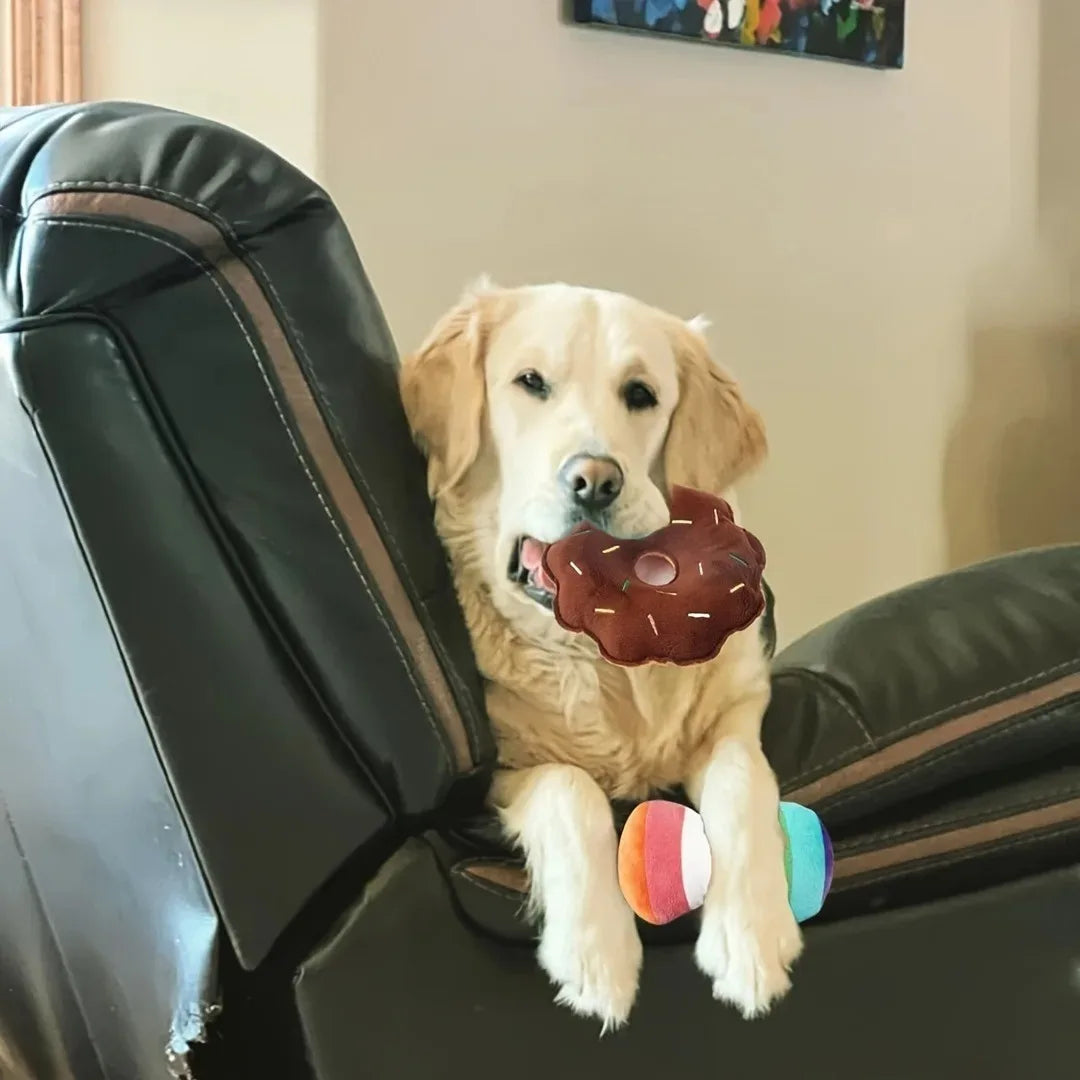 7-piece plush puppy toy set featuring chewable fruit and vegetable designs, perfect for playful pups