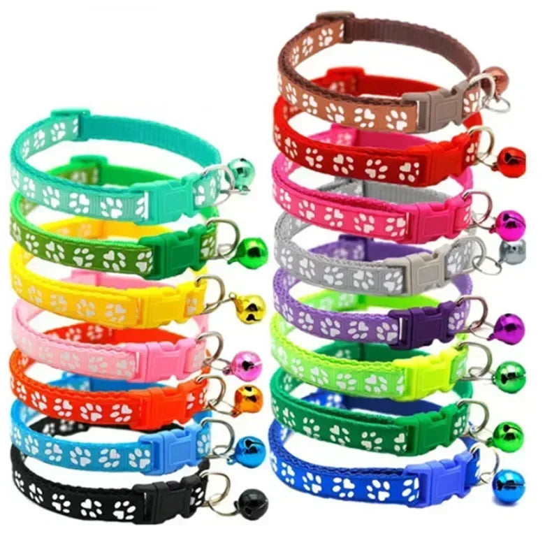 Adjustable Pet Collar with Bell – Colorful Cartoon Paw Design