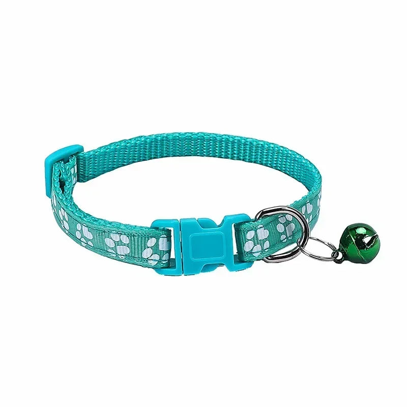 Adjustable Pet Collar with Bell – Colorful Cartoon Paw Design