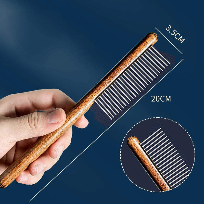 Stainless Steel Pet Grooming Comb with Wooden Handle – for Cats & Dogs
