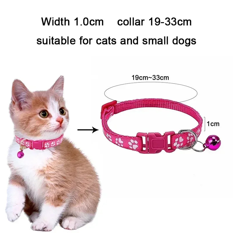 Adjustable Pet Collar with Bell – Colorful Cartoon Paw Design