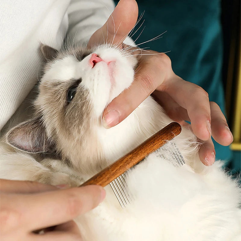Stainless Steel Pet Grooming Comb with Wooden Handle – for Cats & Dogs