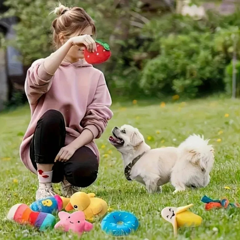 7-piece plush puppy toy set featuring chewable fruit and vegetable designs, perfect for playful pups
