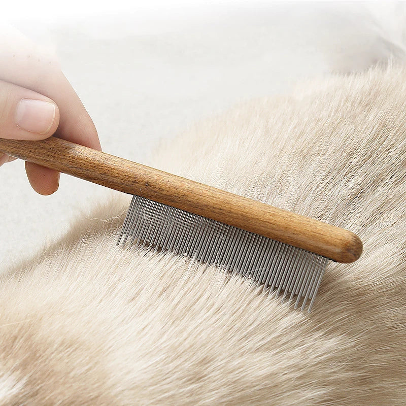 Stainless Steel Pet Grooming Comb with Wooden Handle – for Cats & Dogs