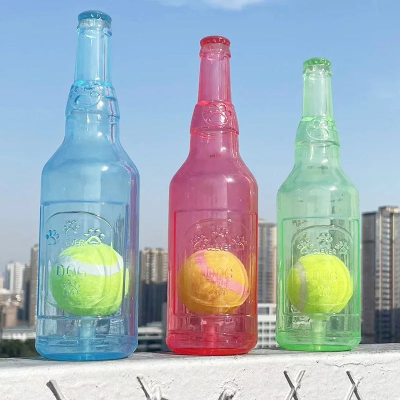 TPR Beer Bottle Dog Chew Toy with Tennis Ball – Squeaky & Bite-Resistant
