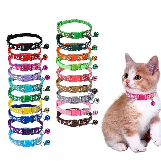 Adjustable Pet Collar with Bell – Colorful Cartoon Paw Design