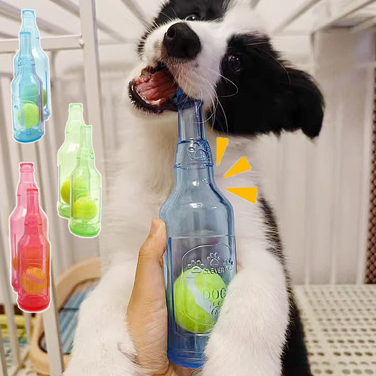 TPR Beer Bottle Dog Chew Toy with Tennis Ball – Squeaky & Bite-Resistant