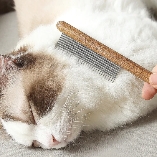 Stainless Steel Pet Grooming Comb with Wooden Handle – for Cats & Dogs
