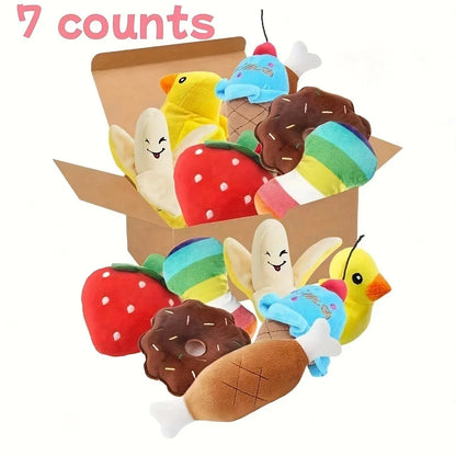 7-piece plush puppy toy set featuring chewable fruit and vegetable designs, perfect for playful pups