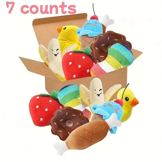 7-piece plush puppy toy set featuring chewable fruit and vegetable designs, perfect for playful pups